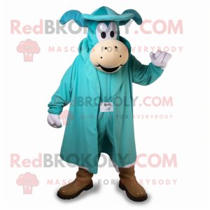 Turquoise Beef Stroganoff mascot costume character dressed with a Coat and Shoe laces