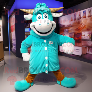 Turquoise Beef Stroganoff mascot costume character dressed with a Coat and Shoe laces