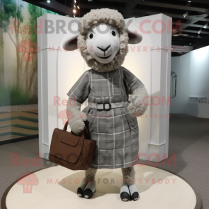 Gray Merino Sheep mascot costume character dressed with a A-Line Dress and Clutch bags