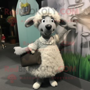 Gray Merino Sheep mascot costume character dressed with a A-Line Dress and Clutch bags