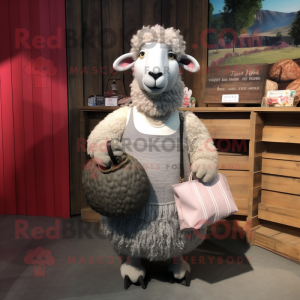 Gray Merino Sheep mascot costume character dressed with a A-Line Dress and Clutch bags