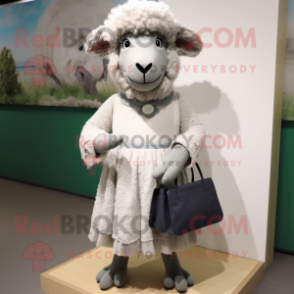 Gray Merino Sheep mascot costume character dressed with a A-Line Dress and Clutch bags