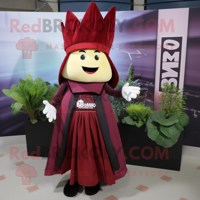 Maroon Beet mascot costume character dressed with a Maxi Skirt and Shawls