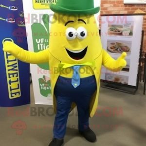 Lemon Yellow Pesto Pasta mascot costume character dressed with a Jeans and Ties