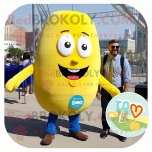 Lemon Yellow Pesto Pasta mascot costume character dressed with a Jeans and Ties