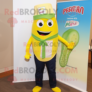 Lemon Yellow Pesto Pasta mascot costume character dressed with a Jeans and Ties