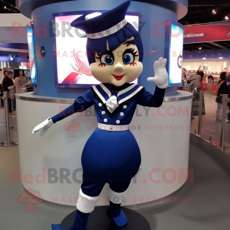 Navy Acrobat mascot costume character dressed with a Mini Dress and Rings