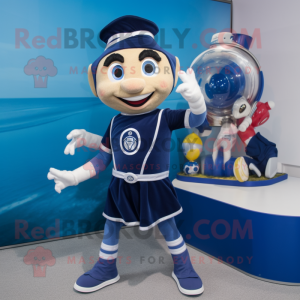 Navy Acrobat mascot costume character dressed with a Mini Dress and Rings