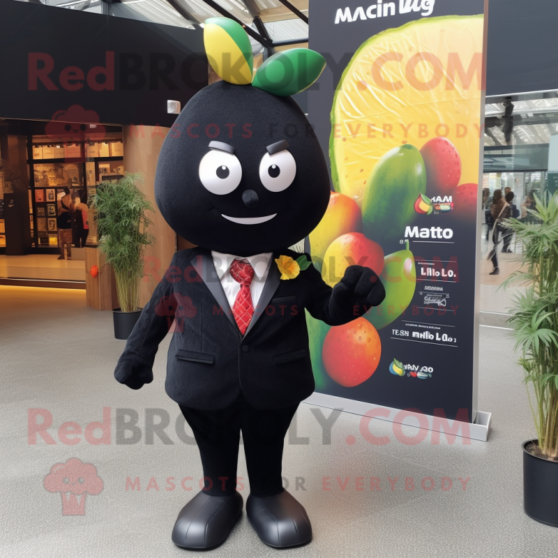 Black Mango mascot costume character dressed with a Mini Dress and Tie pins