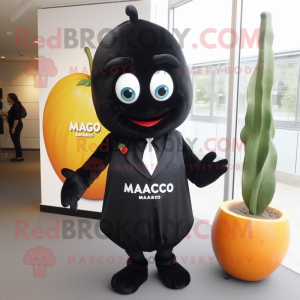 Black Mango mascot costume character dressed with a Mini Dress and Tie pins