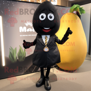 Black Mango mascot costume character dressed with a Mini Dress and Tie pins