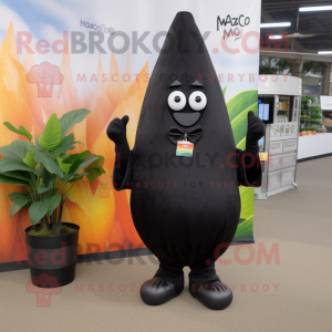 Black Mango mascot costume character dressed with a Mini Dress and Tie pins