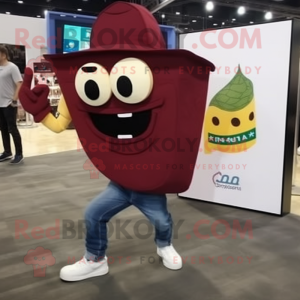 Maroon Nachos mascot costume character dressed with a Skinny Jeans and Briefcases