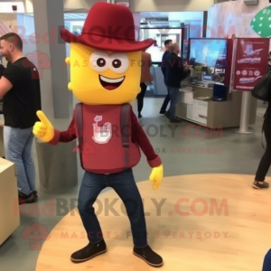 Maroon Nachos mascot costume character dressed with a Skinny Jeans and Briefcases