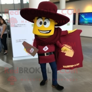 Maroon Nachos mascot costume character dressed with a Skinny Jeans and Briefcases