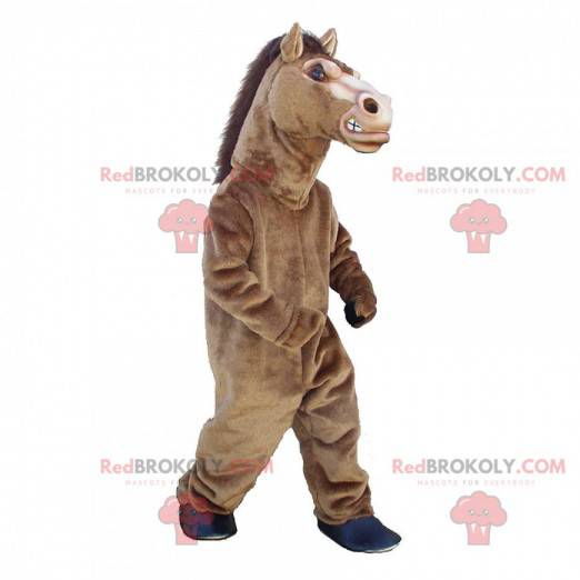 Brązowy koń maskotka, realistyczny kostium dużego konia -