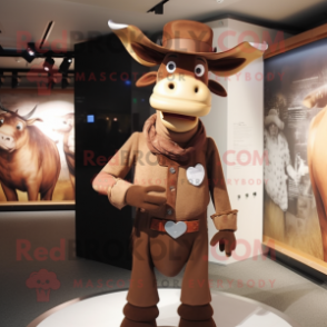 Brown Zebu mascot costume character dressed with a Blouse and Hat pins