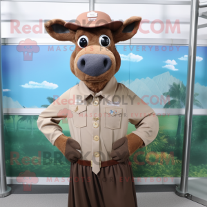 Brown Zebu mascot costume character dressed with a Blouse and Hat pins