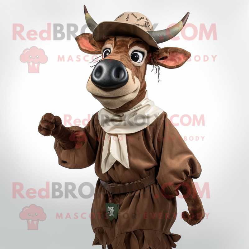 Brown Zebu mascot costume character dressed with a Blouse and Hat pins