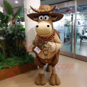 Brown Zebu mascot costume character dressed with a Blouse and Hat pins