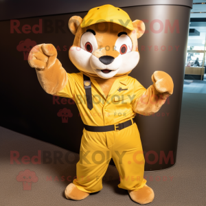 Gold Marten mascot costume character dressed with a Jumpsuit and Hats