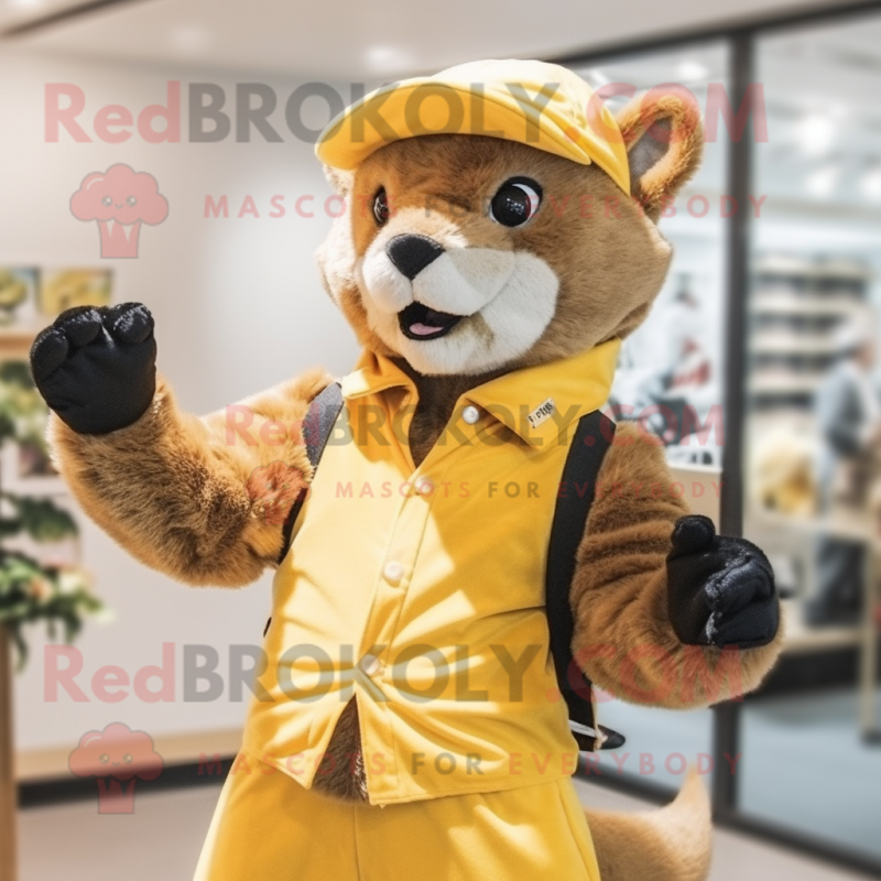 Gold Marten mascot costume character dressed with a Jumpsuit and Hats