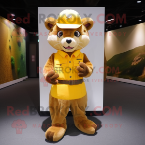 Gold Marten mascot costume character dressed with a Jumpsuit and Hats