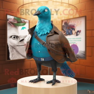 Cyan Passenger Pigeon mascot costume character dressed with a Leather Jacket and Shawl pins