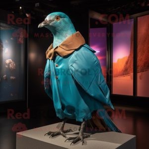 Cyan Passenger Pigeon mascot costume character dressed with a Leather Jacket and Shawl pins