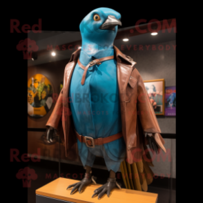 Cyan Passenger Pigeon mascot costume character dressed with a Leather Jacket and Shawl pins