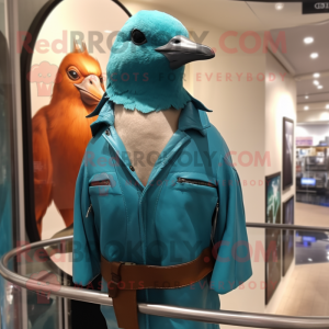 Cyan Passenger Pigeon mascot costume character dressed with a Leather Jacket and Shawl pins