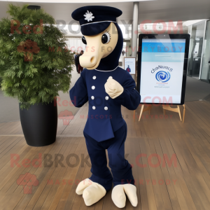 Navy Sea Horse mascot costume character dressed with a Culottes and Smartwatches