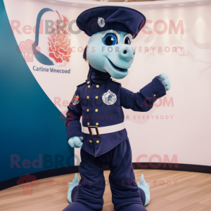 Navy Sea Horse mascot costume character dressed with a Culottes and Smartwatches