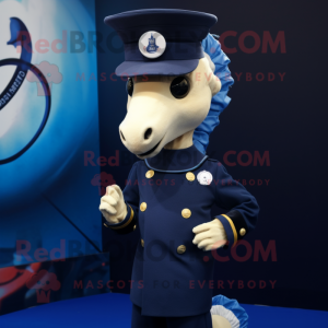 Navy Sea Horse mascot costume character dressed with a Culottes and Smartwatches