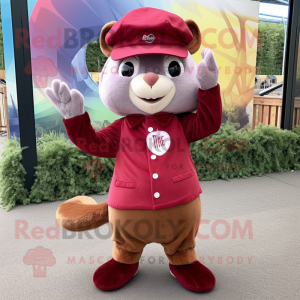 Maroon Dormouse mascot costume character dressed with a Skinny Jeans and Berets