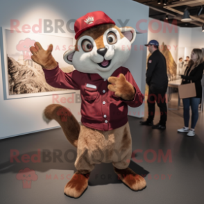 Maroon Dormouse mascot costume character dressed with a Skinny Jeans and Berets