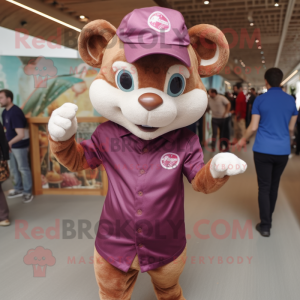 Maroon Dormouse mascot costume character dressed with a Skinny Jeans and Berets