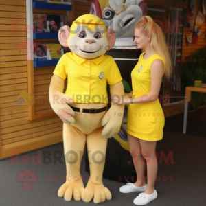 Lemon Yellow Capuchin Monkey mascot costume character dressed with a Pencil Skirt and Bracelets