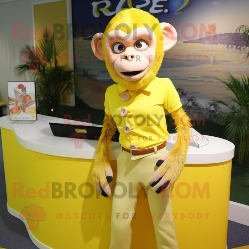 Lemon Yellow Capuchin Monkey mascot costume character dressed with a Pencil Skirt and Bracelets