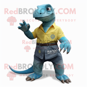 Turquoise Komodo Dragon mascot costume character dressed with a Denim Shorts and Rings