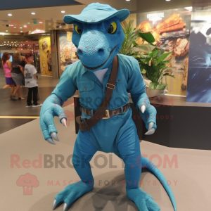 Turquoise Komodo Dragon mascot costume character dressed with a Denim Shorts and Rings