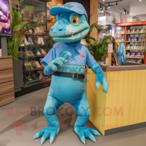 Turquoise Komodo Dragon mascot costume character dressed with a Denim Shorts and Rings