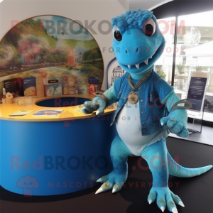 Turquoise Komodo Dragon mascot costume character dressed with a Denim Shorts and Rings