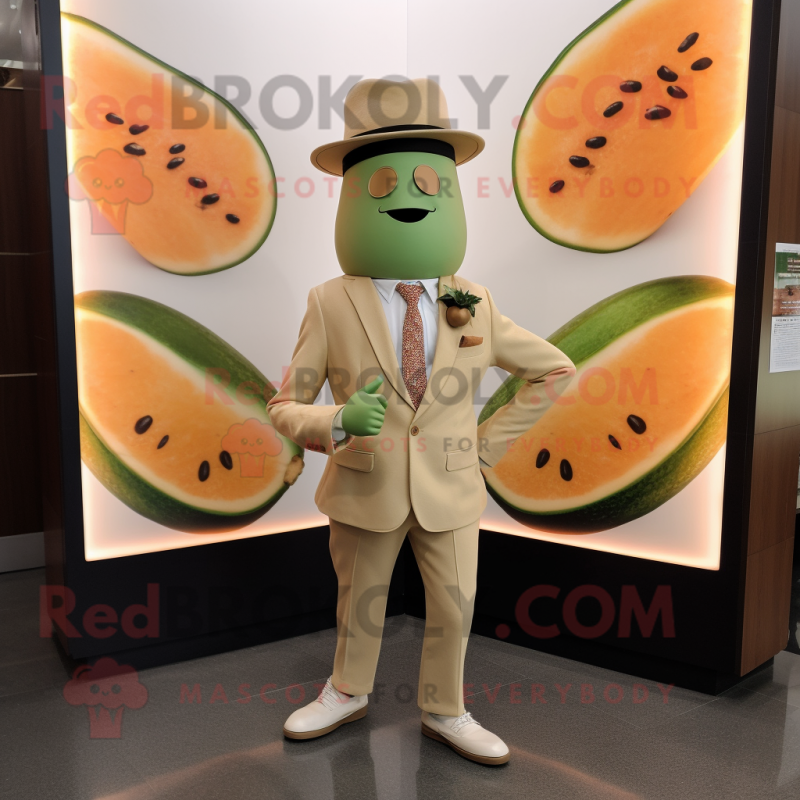 Tan Melon mascot costume character dressed with a Blazer and Cufflinks Tan Melon mascot costume character dressed with a Blazer and Cufflinks