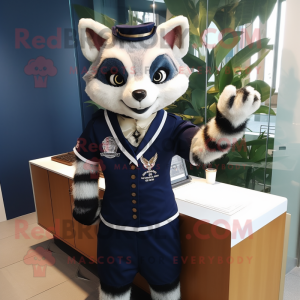 Navy Civet mascot costume character dressed with a Pencil Skirt and Brooches