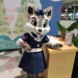 Navy Civet mascot costume character dressed with a Pencil Skirt and Brooches