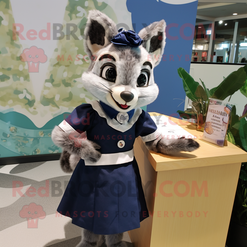 Navy Civet mascot costume character dressed with a Pencil Skirt and Brooches Navy Civet mascot costume character dressed with a Pencil Skirt and Brooches