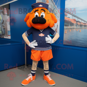 Navy Orange mascot costume character dressed with a Bermuda Shorts and Shoe laces