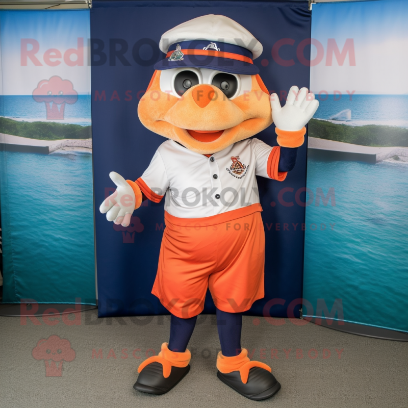 Navy Orange mascot costume character dressed with a Bermuda Shorts and Shoe laces