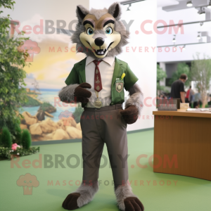 Olive Wolf mascot costume character dressed with a Dress Shirt and Belts